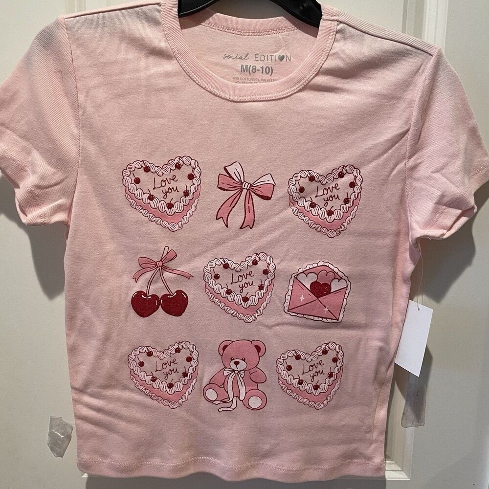 Girls Social Edition Pink Glitter Shirt Medium 8/10 Short Sleeve New with Tags